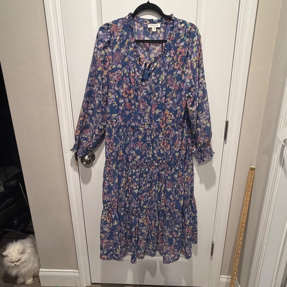 Beachlunchlounge Womens Tiered Dress Floral Watercolor Blue XXL